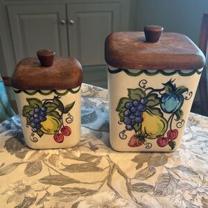 Hand-Painted Fruit Ceramic Canisters with Wood Lids - Set of 2
